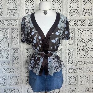 Arden B Y2K 100% Silk Brown Floral Short Sleeve Sheer‎ Babydoll Blouse Sz Small